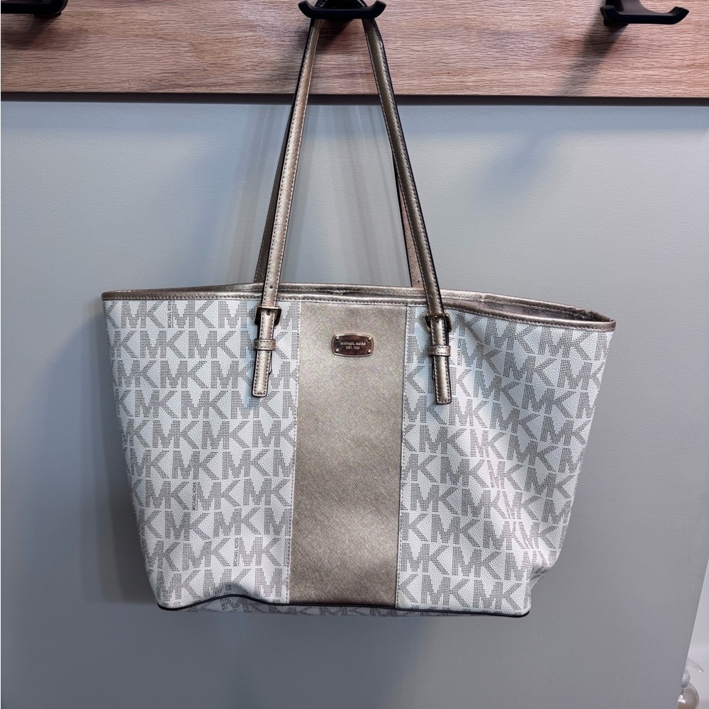 Michael Kors Monogram White and Gold Tote